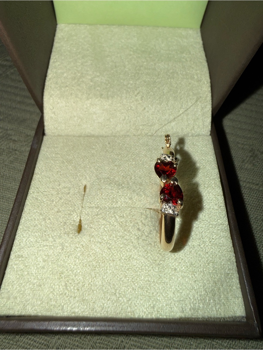 14kt Gold Heart Garnet Drop Earrings with diamond chip accents- Single hoop